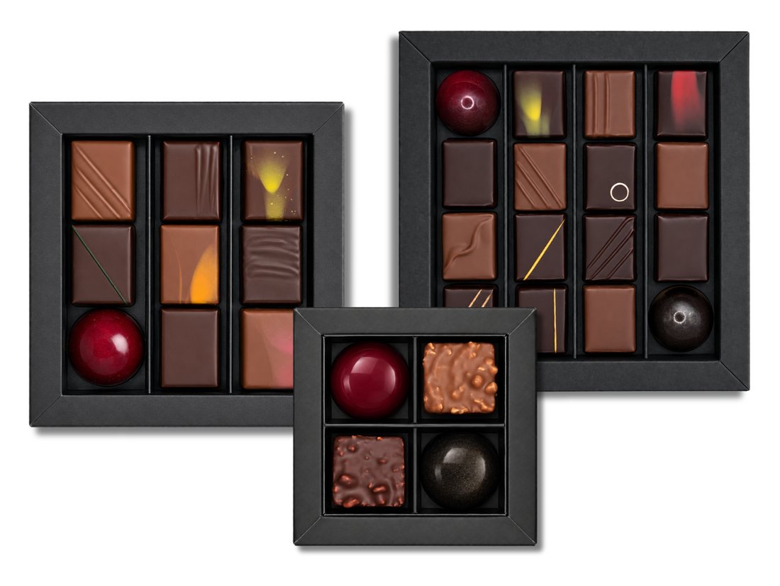 Coffrets de chocolats personnalisés Olivier Grimault, formats 4, 9 et 16 chocolats
